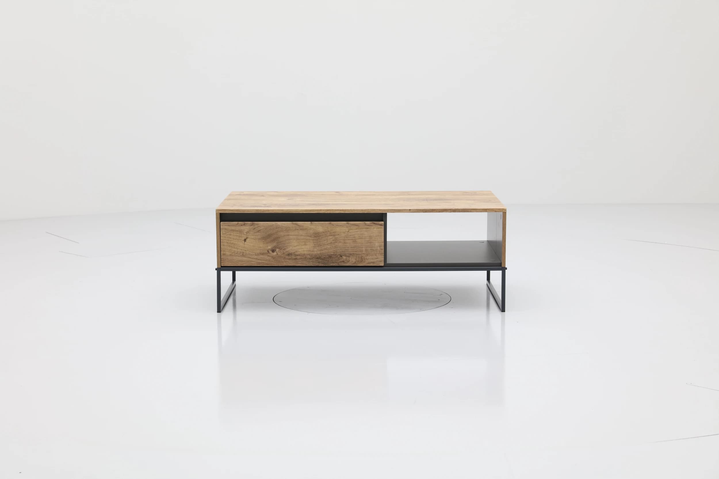 Couchtisch - mit Schubkasten, LBH ca. 115x65x42 cm, Eiche, Metallgestell