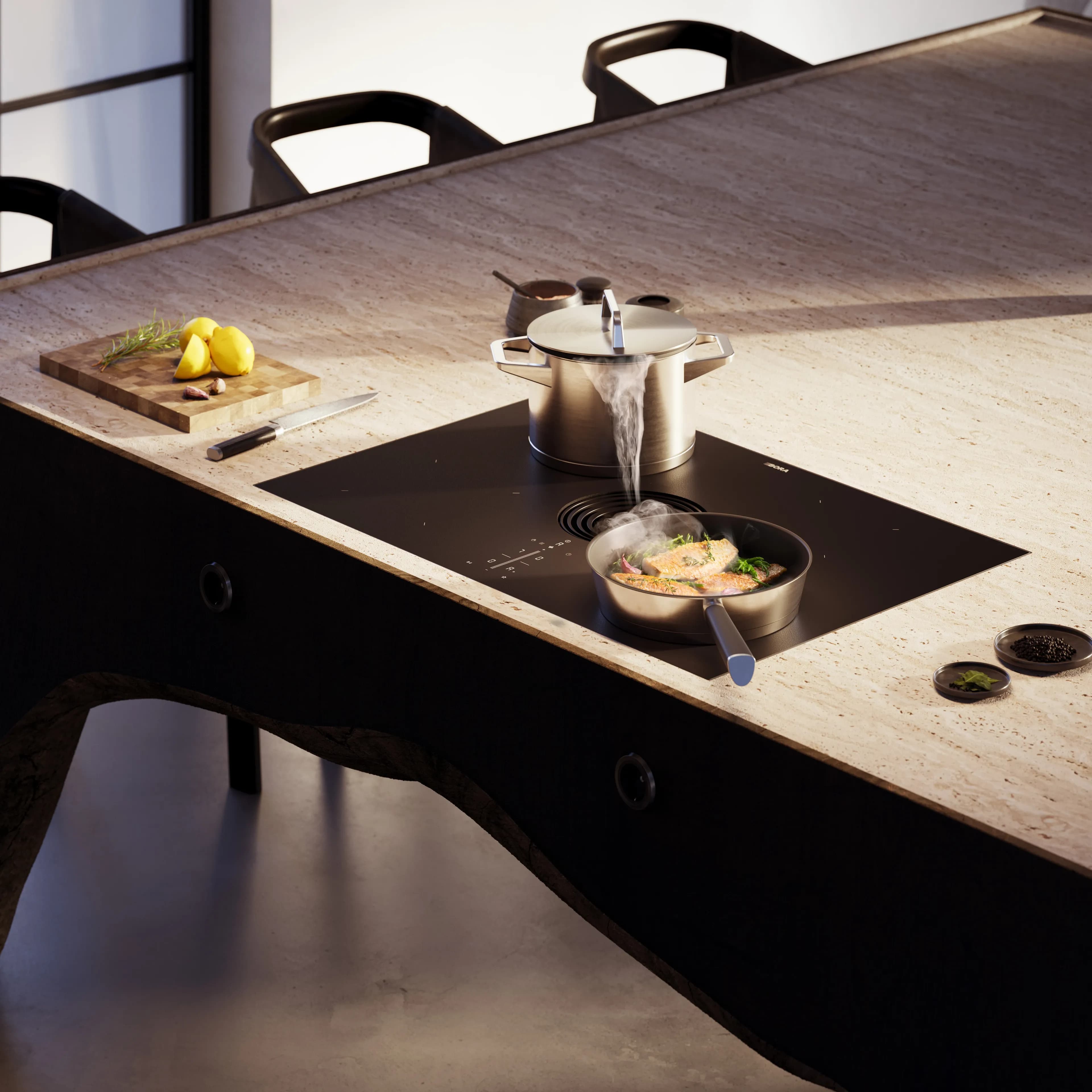 Ein modern gestalteter Tisch mit integriertem Kochfeld, umgeben von Stühlen, mit einem Topf und Lebensmitteln.