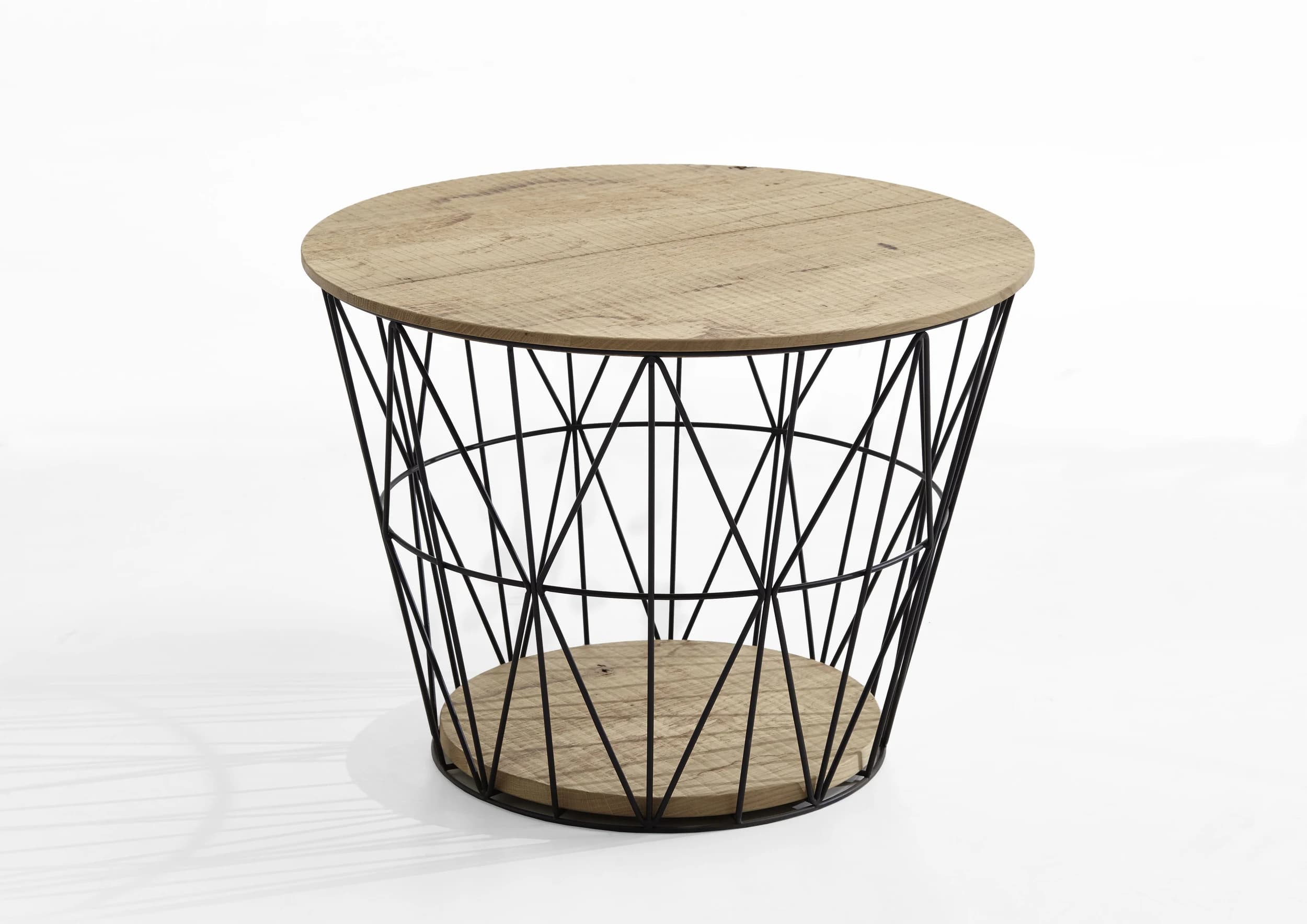 Couchtisch - LBH ca. 62x62x46 cm, Platte Eiche massiv, Metallkorb