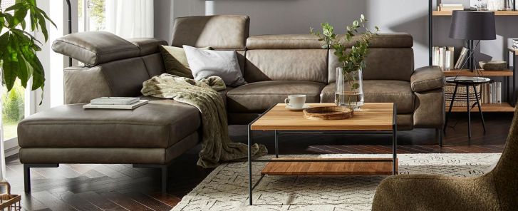 Couch in Erdton mit Holz Couchtisch